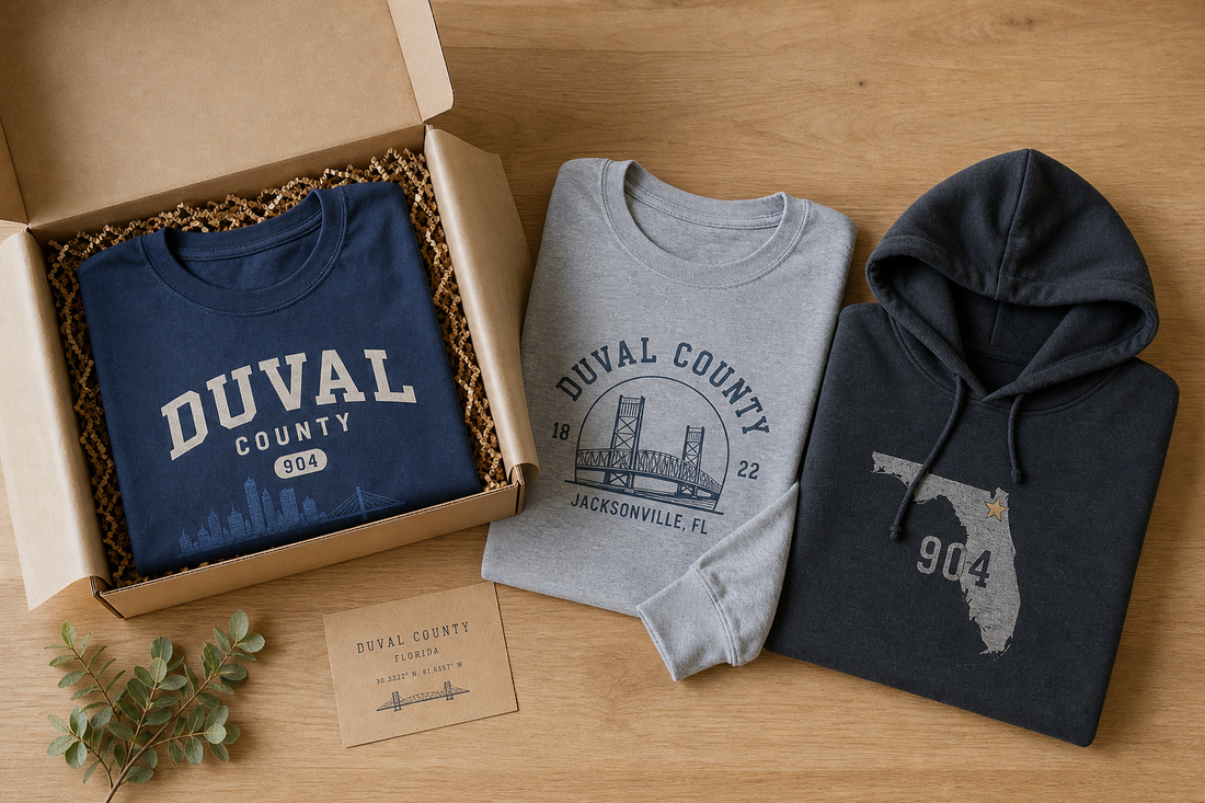 Folded graphic tee, long sleeve shirt, and hoodie arranged as casual gift apparel on a wood surface.