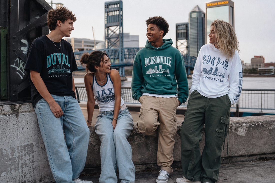 Gen Z adults wearing Jacksonville-inspired streetwear outdoors with graphic tees, hoodies, loose pants, and sneakers.