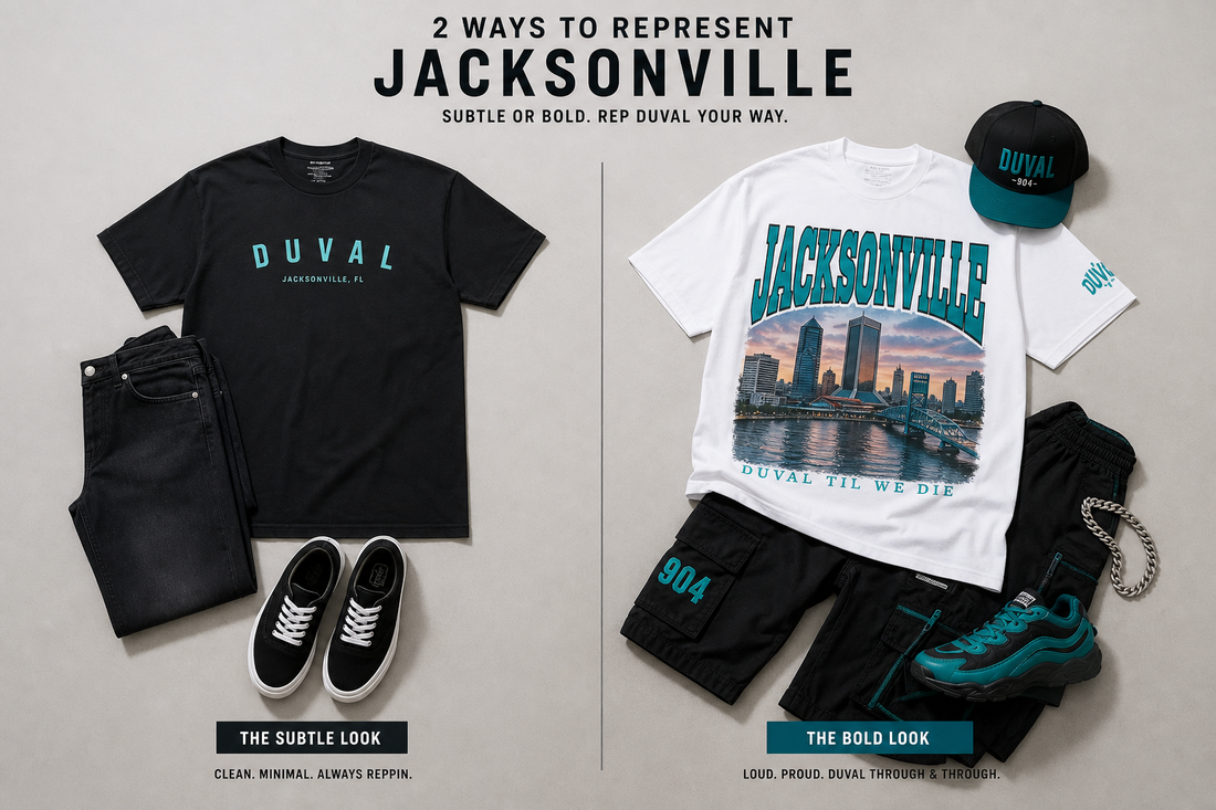 Two Jacksonville streetwear outfits side by side, one with a subtle graphic tee and one with a bold skyline graphic tee.