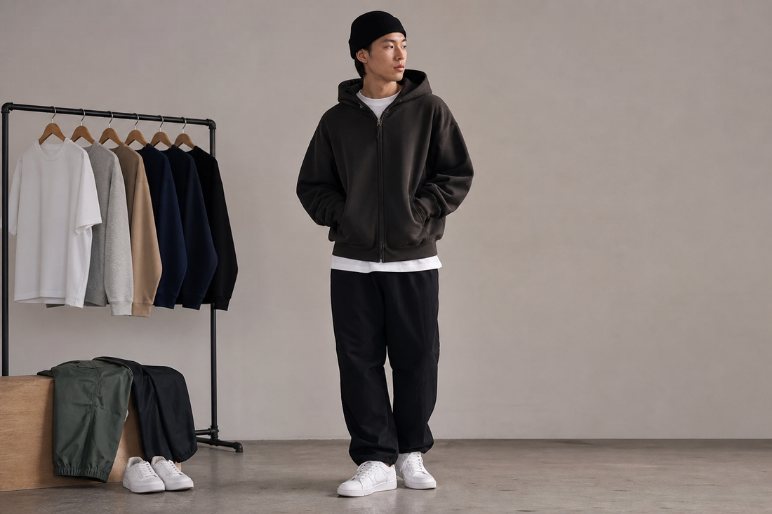 Person wearing streetwear basics including a plain T-shirt, hoodie, relaxed pants, and sneakers against a neutral background.