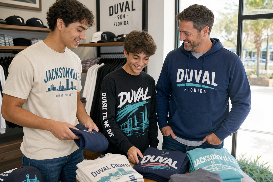 Three people of different age groups wearing Duval County apparel in a casual shopping setting.