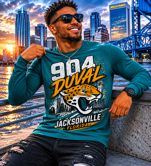 904 DUVAL long sleeve tee with jaguar graphic, Jacksonville skyline, ribbed cuffs, and teal black white gold details