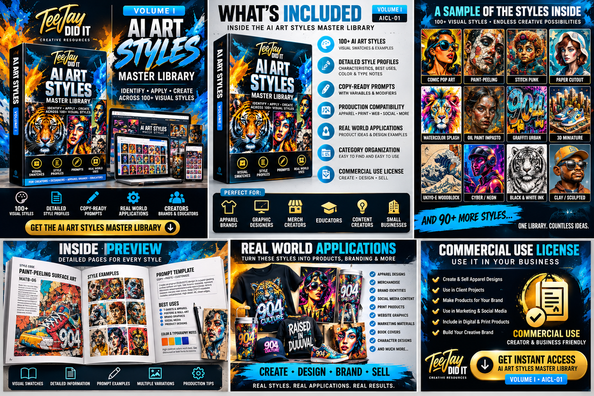 AI Art Styles Master Library showcase — TeeJay DidIt™ AI Creative Library
