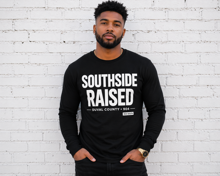 Southside Raised Long Sleeve Tee in black or white with oversized front graphic and Duval County 904 detail