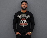 Yancy Park Northside Duval 904 long sleeve tee in black and white with vintage crest graphic and ribbed cuffs