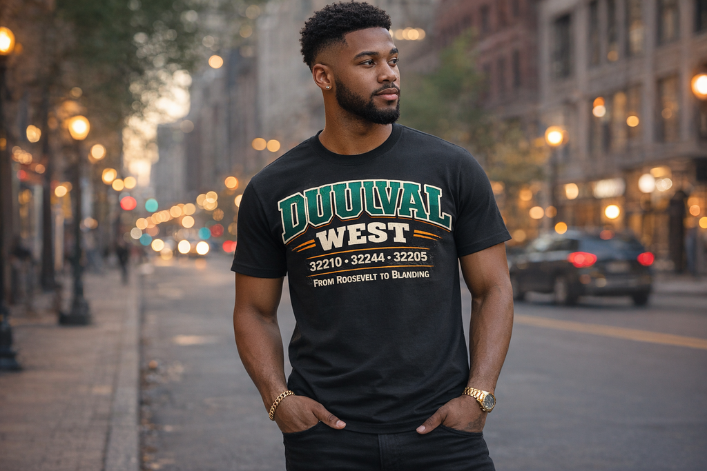 DUUUVAL WEST Heritage Tee – Jacksonville 904 Pride