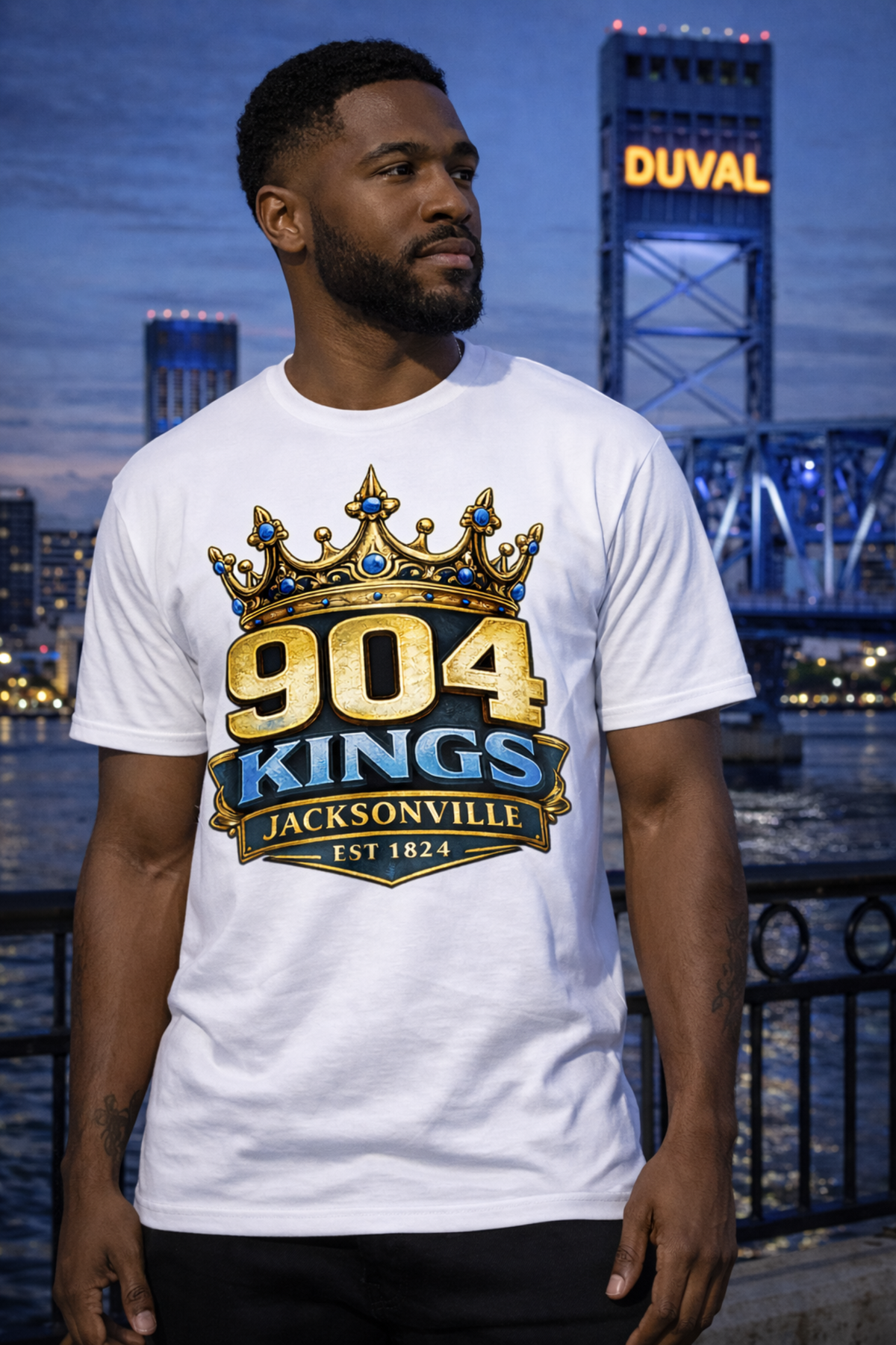904 Kings Jacksonville cotton graphic tee with crowned 904 emblem, gold accents, and Jacksonville skyline design