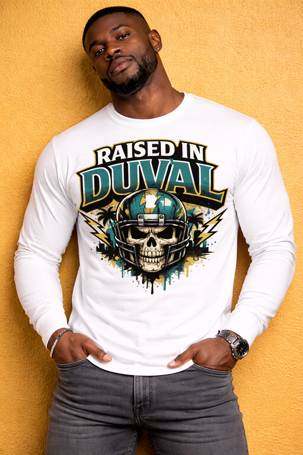 RAISED IN DUVAL™ Skull Helmet Tee – Jacksonville Culture Edition