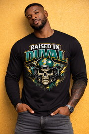 RAISED IN DUVAL Skull Helmet Tee with football skull graphic, lightning accents, and Jacksonville streetwear styling