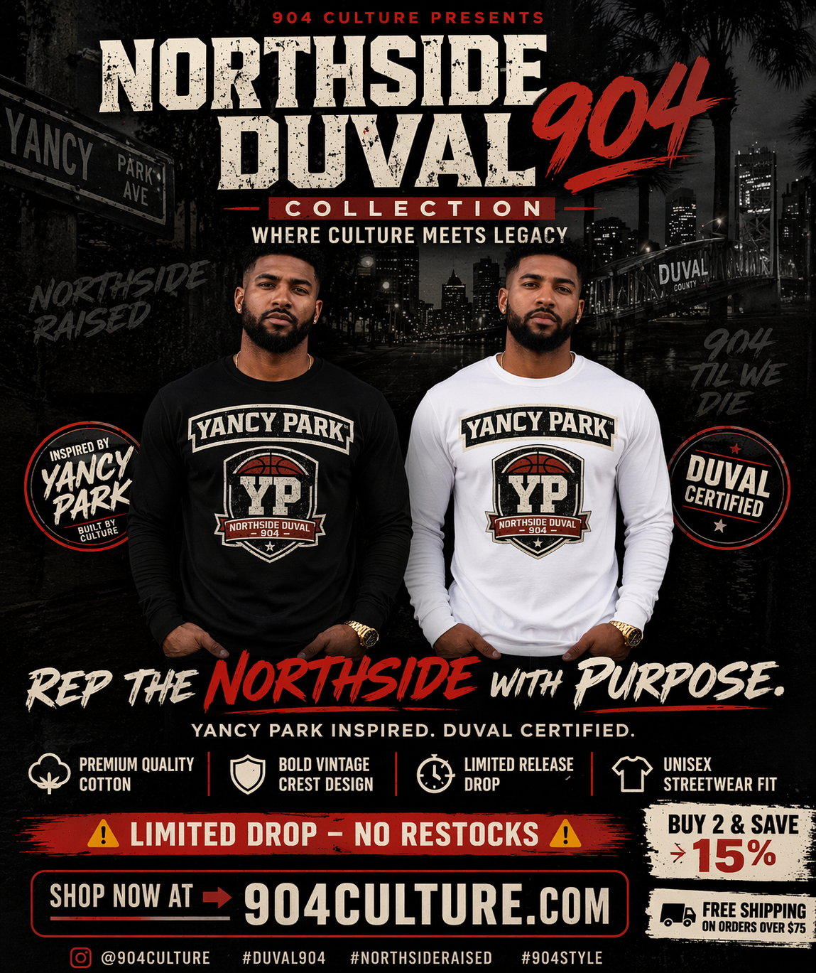 Yancy Park™ Northside Duval 904 Long Sleeve Tee – Black & White Collection