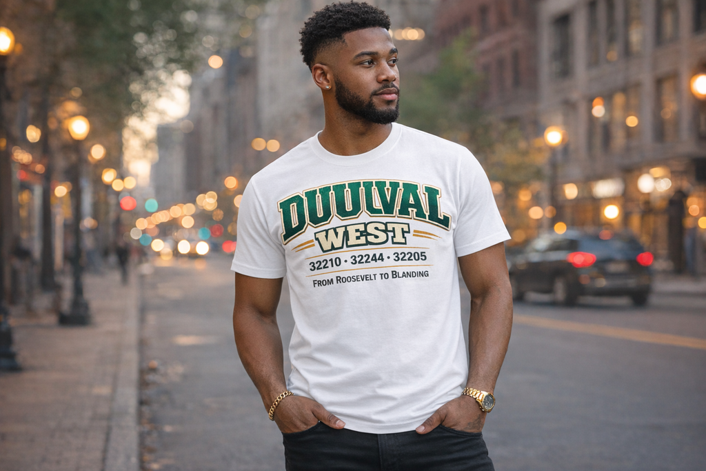 DUUUVAL WEST Heritage Tee – Jacksonville 904 Pride