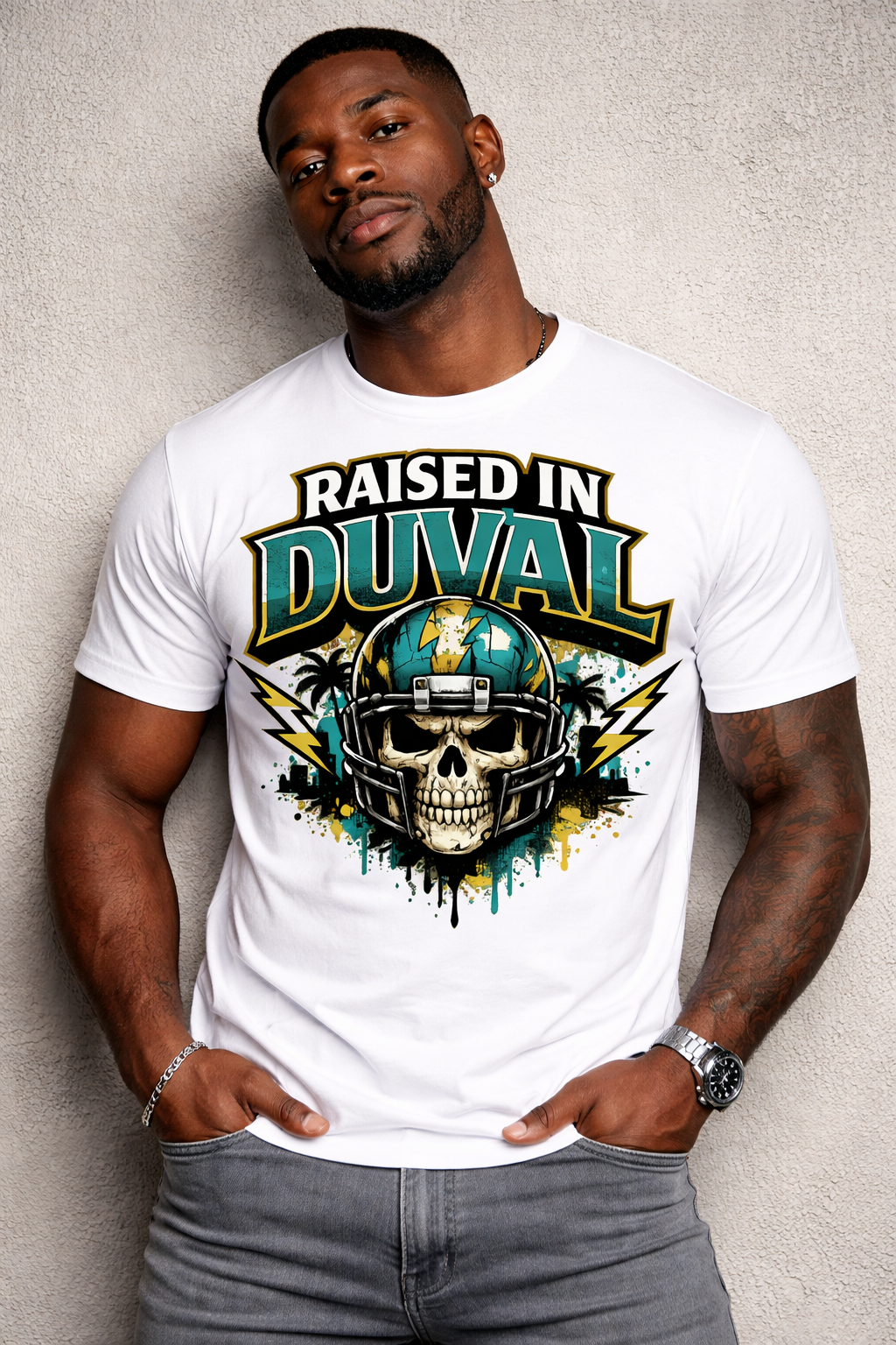 RAISED IN DUVAL™ Skull Helmet Tee – Jacksonville Culture Edition