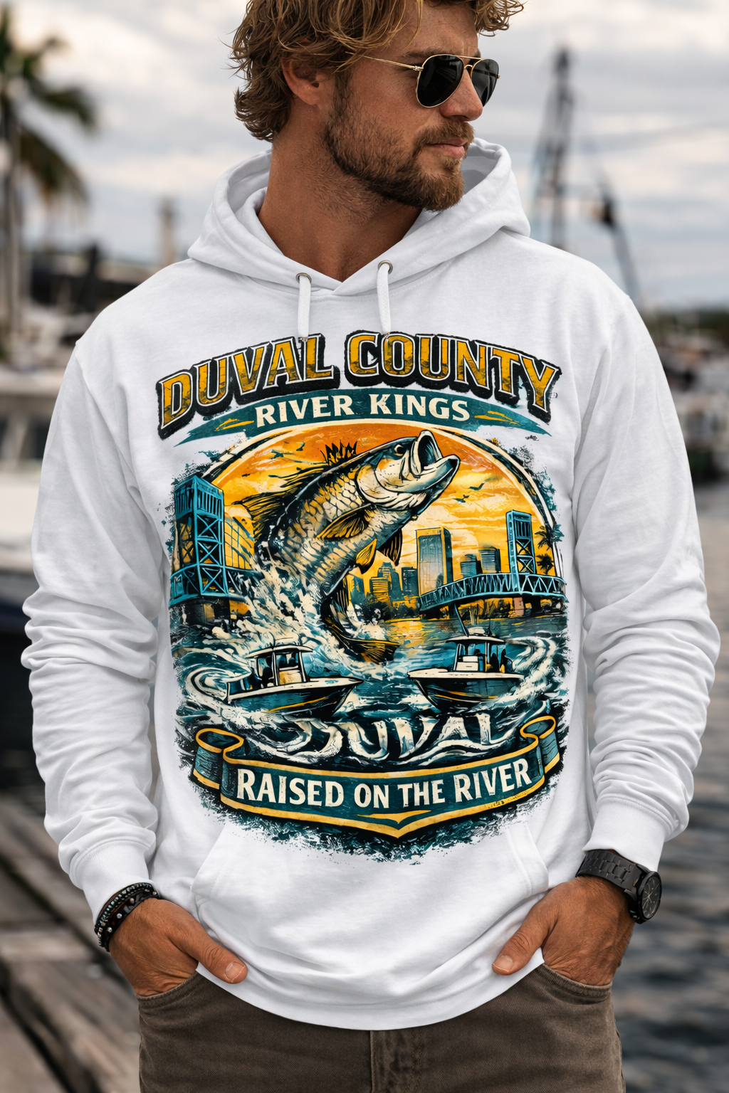 White Heavy Duty Duval County "River kings" Hoodie