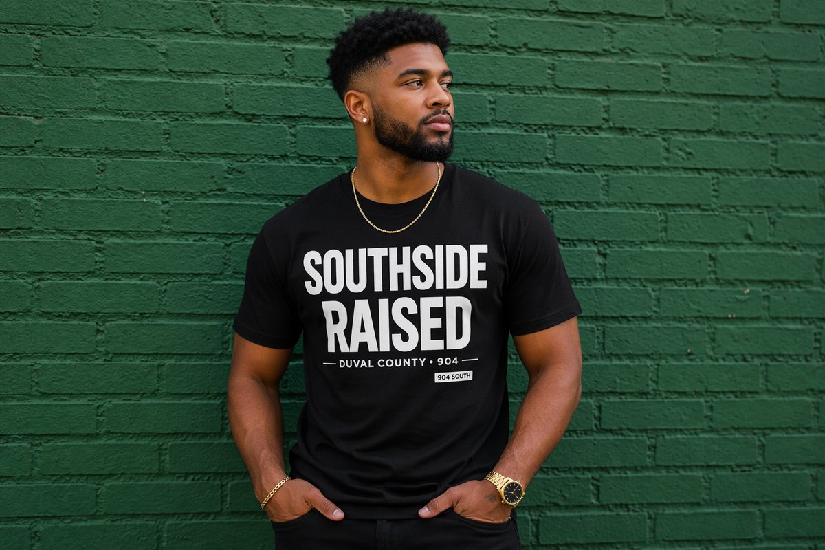 Southside Raised Short Sleeve Tee with bold 904 Duval County graphic in black or white cotton streetwear style